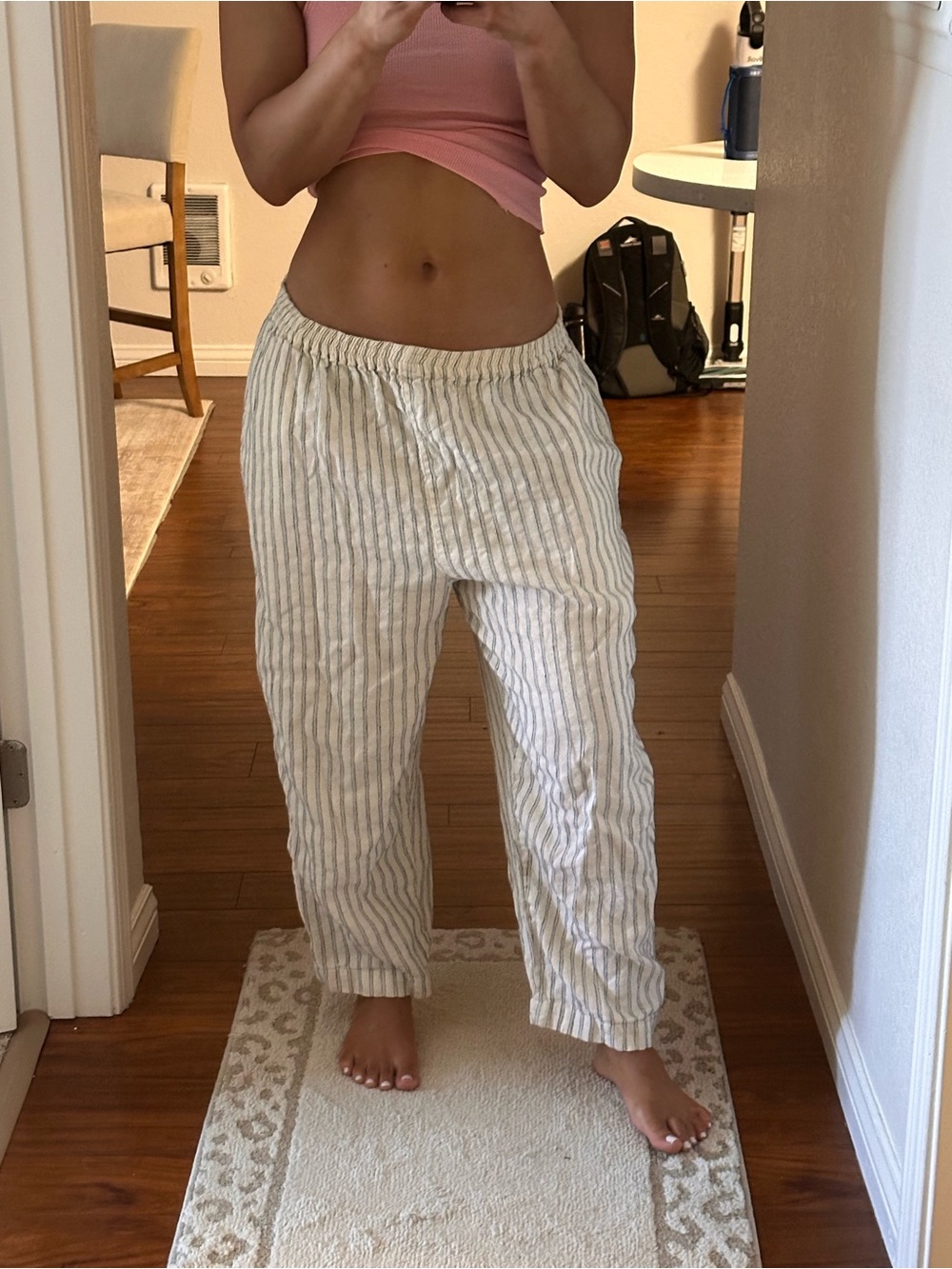 EUC ESKANDAR Striped Lightweight Linen-Hemp Casual Pants in White